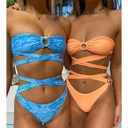 Bandage Padded Bikini Women Swimwear Female Pink Swimsuit Solid Two-pieces Sexy Bikini set Brazilian Bather Bathing Suit Swim
