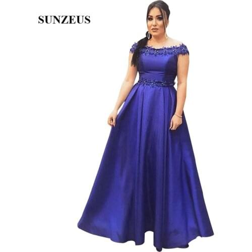 Elegant Lady Evening Gowns Long Blue Satin Formal Dresses For Women Appliques Boat Neck Off Shoulder Party Gowns
