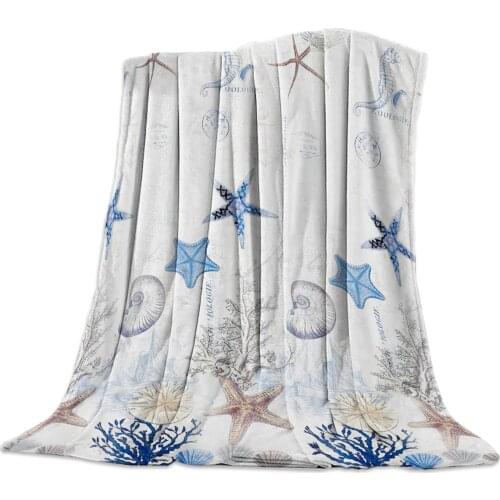 Ocean Starfish Shell Flannel Blanket for Bed Sofa Portable Soft Fleece Throw Funny Plush Bedspreads