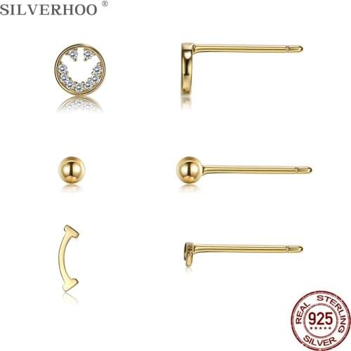 SILVERHOO Sterling Silver 925 Jewelry Devious Letter I & Round Bead Clear CZ Smiley Earrings Sets For Women Golden Stud Earring