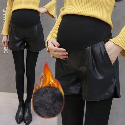 Cottons Belly Patchwork PU Leather Shorts for Pregnant Women Fashionable Wide-legged Short Pants Maternity Side Split Trousers