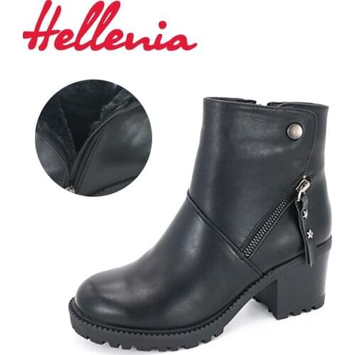 Hellenia 2017 Women Fashion Shoes Female PU leather Boots ladies Women boots Plush lining women shoelaces Plush lining winter