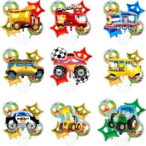 Modeling Transportation School Bus Police Car Engineering Vehicle Aluminum Film Balloon Set Childrens Birthday Party Decoration