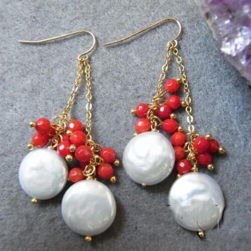 New Arrival Favorite Pearl Earrings 14mm Red Coral White Coin Freshwater Pearl Gild Hook Dangle Earring Fine Jewelry Women Gift