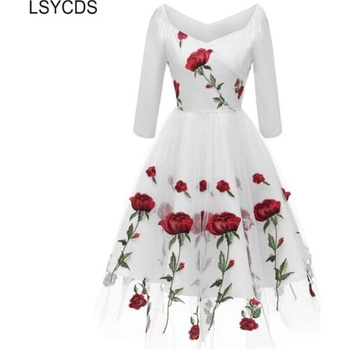 2020 Autumn Sexy Party Dresses Slash Neck 3/4 Sleeve Rose Embroidery Mesh Casual Party Dress White 60s Vintage Big Swing Dress