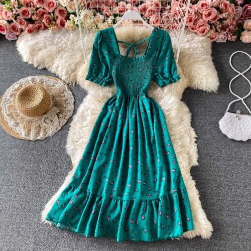 Women Floral Print Dress Summer Elegant Short Sleeve Sweet Square collar Ruffles Dress Office Lady Dress Party Vestidos