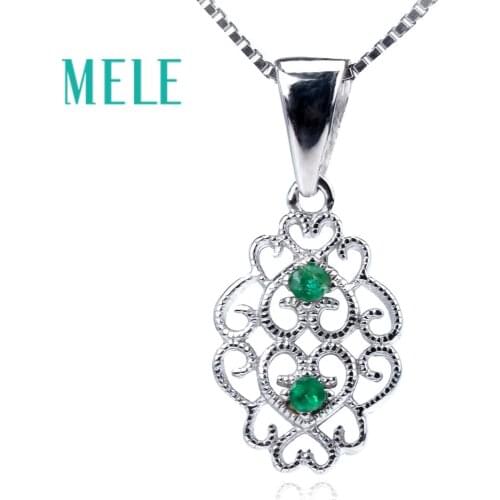 MELE Natural Emerald 925 silver pendant wtih 2pieces 0.04ct 1.8mm round cut gems for women fashion and trendy fine jewelry
