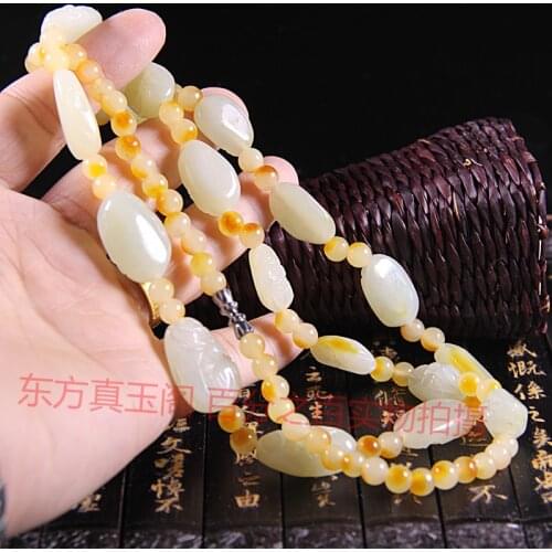 Nature White Jade Carven 18 God Amulet 18 arhat Pendant mala Bead Necklace talisman