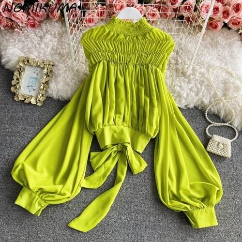 Nomikuma Chiffon Korean Pleated Women Blouse Lantern Sleeve Stand Neck Elegant Shirt 2021 Spring Bow Tie Blusas Femme 6F242