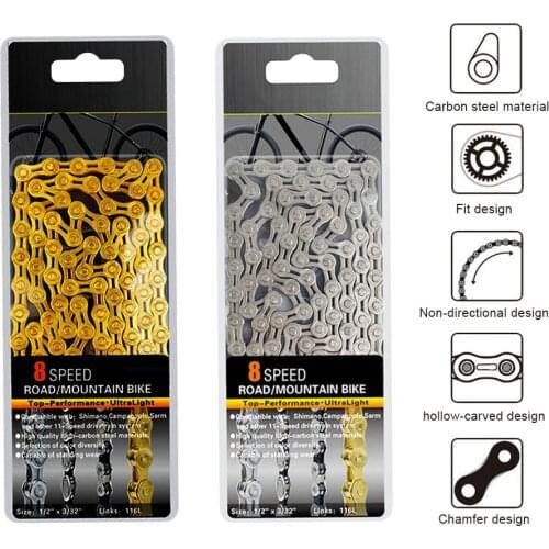 Bicycle Chain 8 Speed Bike Chain MTB Road Racing Bicycle Hollow 116L Cycling Mountain Road Bike Semi-hollow Golden Silver Chain