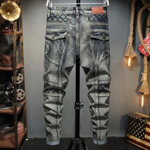 Vintage Mens Motorcycle Bikers Jeans Personality Splicing Streetwear Denim Pants Slim Fit Straight Pencil Pants Jean Trousers