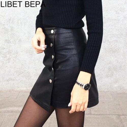 New Arrival 2021 Spring Women PU leather Mini Skirt A-Line Buttons High Street Skater Skirt High Waist Elegant Femininas SK8702