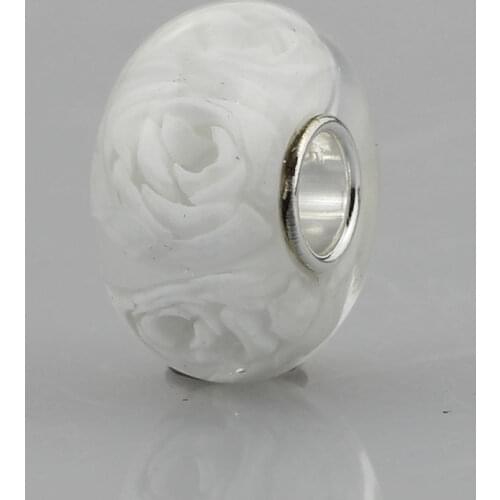 925 Sterling Silver Large Hole Noble White Rose Flower Murano Glass Charm Bead Fit European Bracelet Jewelry
