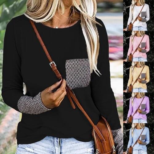 Womens Patchwork Knitted Long Sleeves Fashion Top Ladies O-neck Pocket Multicolor Autumn Shirt Temperament Females Comfy Clothes