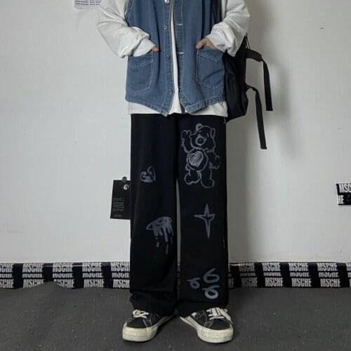 Anime Cartoon Bear Graffiti Ladies Straight Pants Harajuku Japanese Fried Street Dark Sub-Wind Star Pattern Mens Trend Trousers