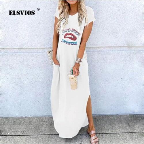 2020 New Summer Women O Neck Short Sleeve Dress Retro Elegant Lips Print Split Long Dress Casual Irregular Party Dress Vestidos
