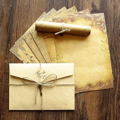 1pack Vintage Kraft Envelope Letter Pad Set Valentines Day Love Letter Invitation Envelopes Writing Paper with Rope Accessories
