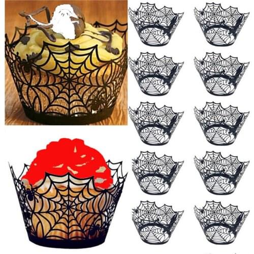 12pcs Cupcake Wrapper Decor Baking Cup Hollow Out Paper Cake Wrapper Halloween Witch Spiderweb Castle Halloween Decoration