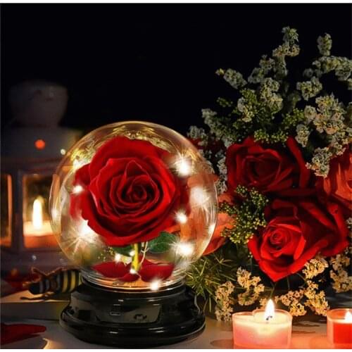 2 LED Mode Lighte Eternal Rose Preserved Flower In Glass Dome Mothers Day Birthday Gift for Girls Wedding Party Home Decor