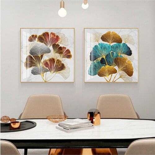 Abstract Poster Plant Leaves Squre Canvas Painting Golden Luxurious Wall Art Picture Living Room Home Decor Picture