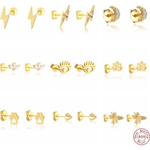 Aide 925 Sterling Silver Rainbow Zircon Lightning Shape Stud Earrings For Women Moon Eye Leaf Shape Ear Stud Party Jewelry Gift