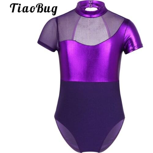 TiaoBug Kids Teens Short Sleeve Mesh Splice Ballet Leotard Girls Shiny Metallic Stage Dance Costume Gymnastics Leotard Dancewear