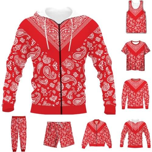 New Funny 3D Full Print Bandana Red Paisley T-shirt/Sweatshirt/Zip Hoodies/Thin Jacket/Pants Four Seasons Casual Suit V53