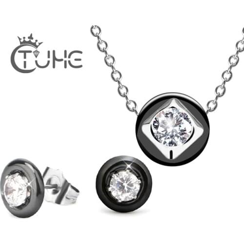 Big Carat Crystal Wedding Jewelry Set For Women Stainless Steel Ceramic Stud Earrings & Neck Necklace Wedding Engagement Jewelry