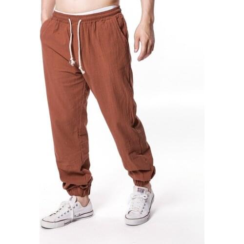 New Cotton Linen Men Pants Sports Outdoor Casual Joggers Trousers Solid Color Elastic Waist Lightweight Comfortable Long Pants