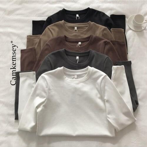 Basic O-Neck Long Sleeve White Cotton T-Shirts Women Autumn Winter Warm Fleece Bottoming Tops 5 Colors