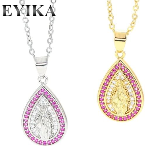 EYIKA Gold Silver Color Virgin Mary Pendant Necklace Multicolor Zircon Our Lady of Guadalupe Pear Collar Women Religious Jewelry