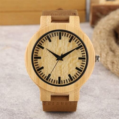 Black Analog Quartz Bamboo Men Watches Brown Genuine Leather Wristwatch Natural Stylish Wooden Male Timepiece Casual Man Clock