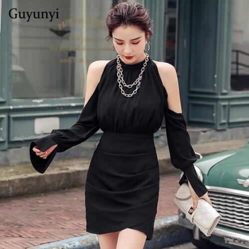 Black Elegant Party Dress 2020 Autumn Stand-Neck Strapless Flare Sleeve High Waist Mini Dress Side Pleated High Street Dress