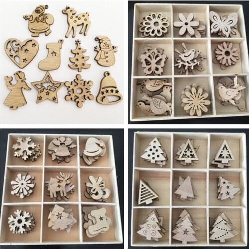 100Pcs 3CM Christmas Wooden Pendants Ornaments DIY Wood Crafts Xmas Tree Ornaments Snowflake Christmas Decorations for Home