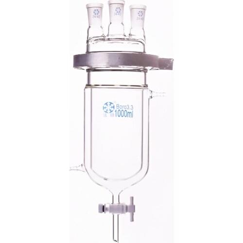 Double-layer cylindrical round bottom open reactor bottle 1000ml 24/40,150mm flange,With iron clip,with PTFE switch valve