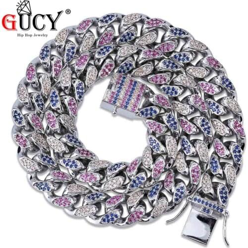 GUCY Hip Hop 14MM Cuban Chain Necklace Micro Pave Multicolor Cubic Zircon Stones Chain Necklaces Gold Silver Color Mens Jewelry