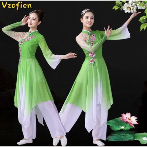 Chinese Folk Dance Classical Yangko Dance Costumes Adult Elegant Embroidery Fan Costume Ancient Hanfu Clothing Square Dance