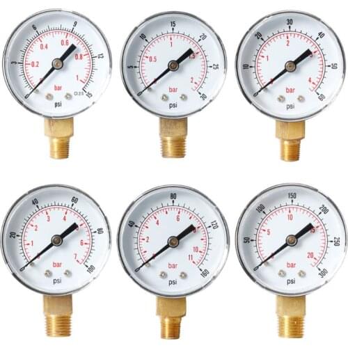 Pressure Gauge 52mm Dial 1/8" BSPT Vertical 0/15,30,60,100,160,300 PSI & Bar Bottom Mount T5UC