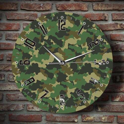 Wall Art Modern Bedroom Silent Wall Clock Army Soliders Green Camouflage Military Hanging Clock Wall Watch Man Cave Camo Decor