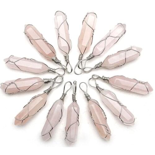 Natural rose quartzs stone pillar shape point handmade iron wire pendant Wholesale 12pcs/lot for jewelry making free shipping