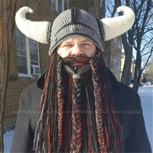 Christmas Viking Horn Wool Knit Hat Mask Men Bearded Funny Caps Party Winter Handmade Headgear Festival Gift Cosplay Costumes