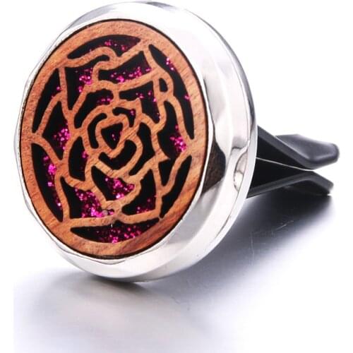 Rose Flower Detachable Wooden Car Air Vent Freshener Car Perfume Diffuser Clip Car Air Essential Oil Aroma Locket 316L Necklace