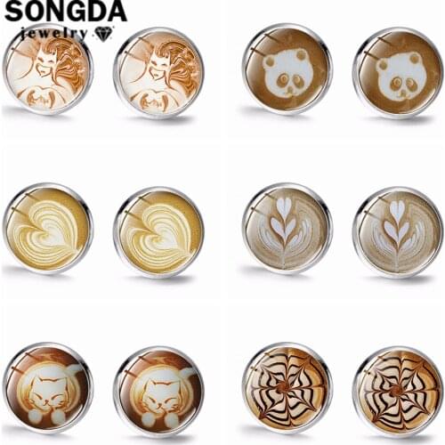SONGDA Coffee Latte Carving Chocolate Print Earrings Love Heart Panda Cat Snowflake Glass Cabochon Stud Earrings for Women Lover