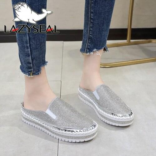 LazySeal Crystals Flat Platform Slippers Women Summer Mules Beach Rhinestone Shoes Flip Flops Crystals Slides Big Size 43