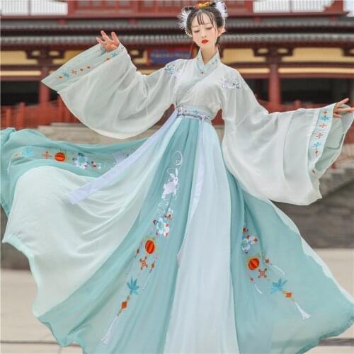 Ancient Chinese Traditional Clothes Folk Dance Costume Women Female Fairy Top Skirt Han Dynasty Stage Performance Set Outfits