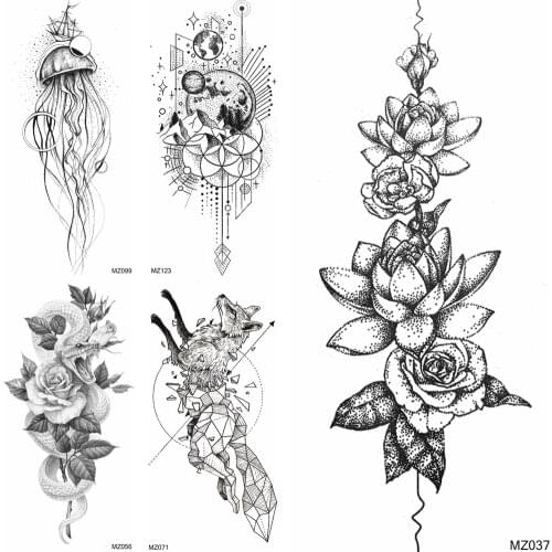 Black Lotus Temporary Tattoos Waterproof Black Flower Planets Tatoo Womens Fashion Body Art Waterproof Tatoo Sticker For Adult