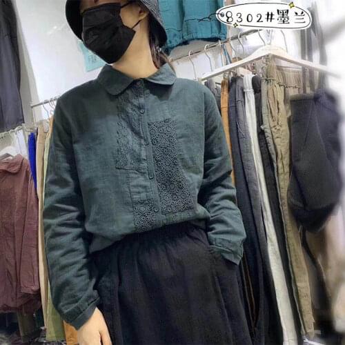 2021 Spring Autumn Arts Style Women Long Sleeve Loose Casual Shirts Patch Designs Cotton Linen Vintage Shirt Female Blouse T27