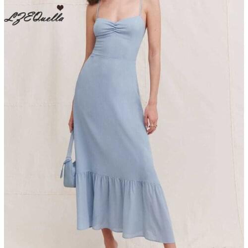LZEQuella Women Sexy Strap Ruffles Backless High Waist Long Dress Summer Fashion V Neck Sleeveless Dresses Vestidos NZ3782