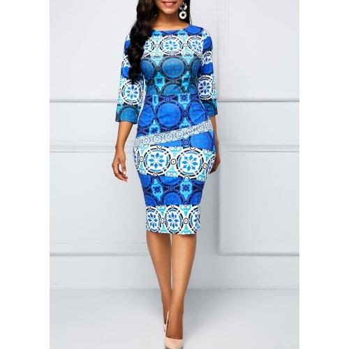 Women 2021 Spring Retro Vintage Print Slim Dress Women Round Neck Casual 3/4 Sleeve Slim Hip Step Party Dresses Vestidos