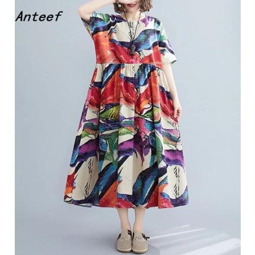 Short sleeve plus size cotton linen vintage floral dresses for women casual loose long summer beach dress elegant clothes 2021